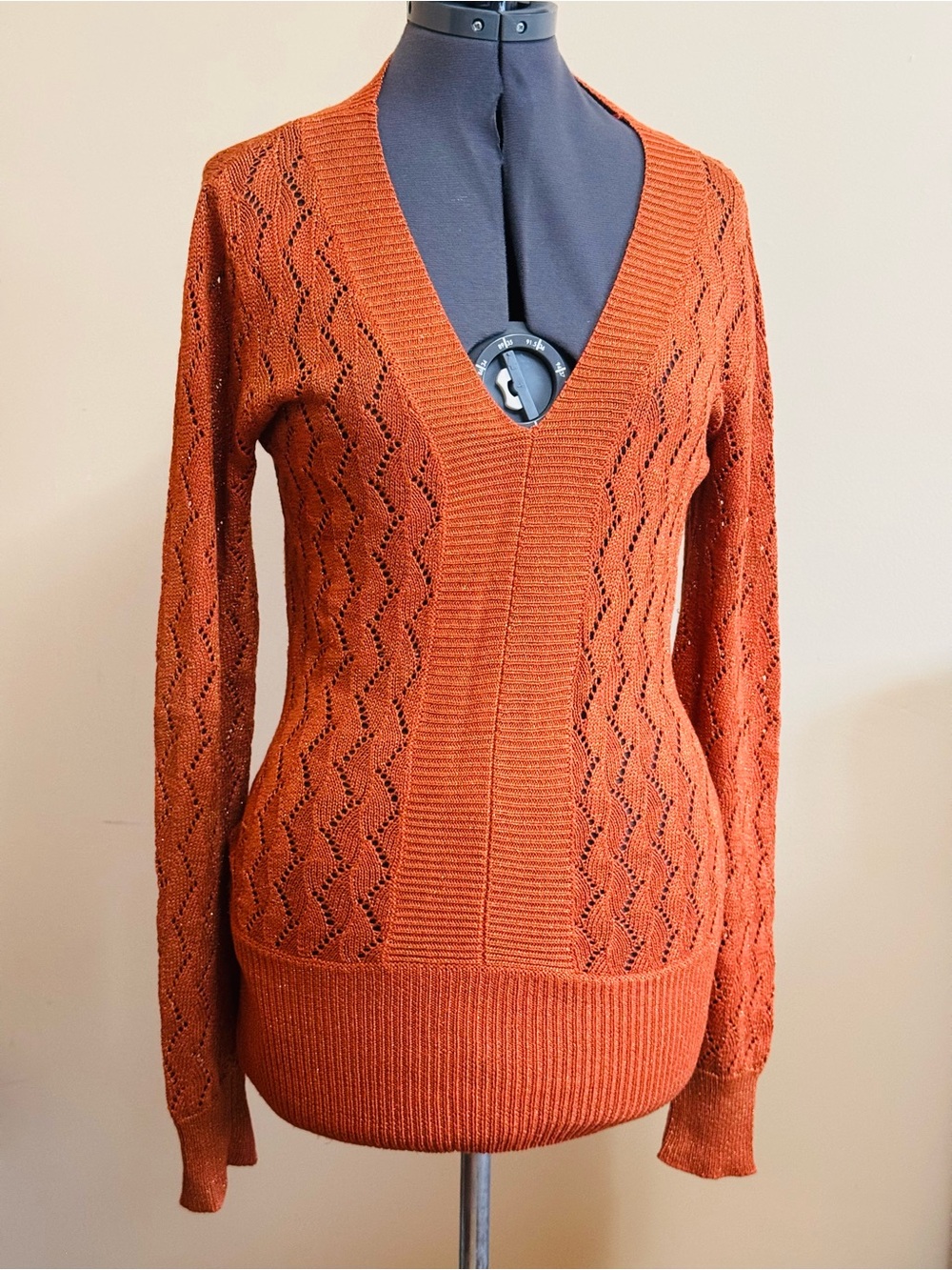 Women's Rust V-Neck Pointelle Sweater
